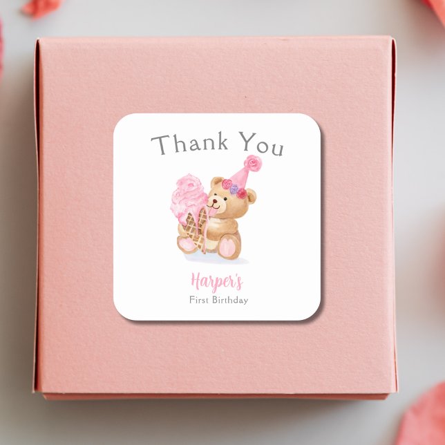 Sticker Carré Première fille d'anniversaire Teddy Bear Crème de  (Créateur téléchargé)