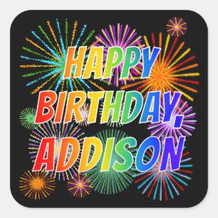 Sticker Carré Prénom "ADDISON", Fun "HEUREUX ANNIVERSAIRE"