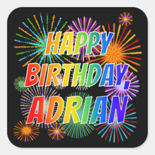Sticker Carré Prénom "ADRIAN", Amusant "HEUREUX ANNIVERSAIRE"
