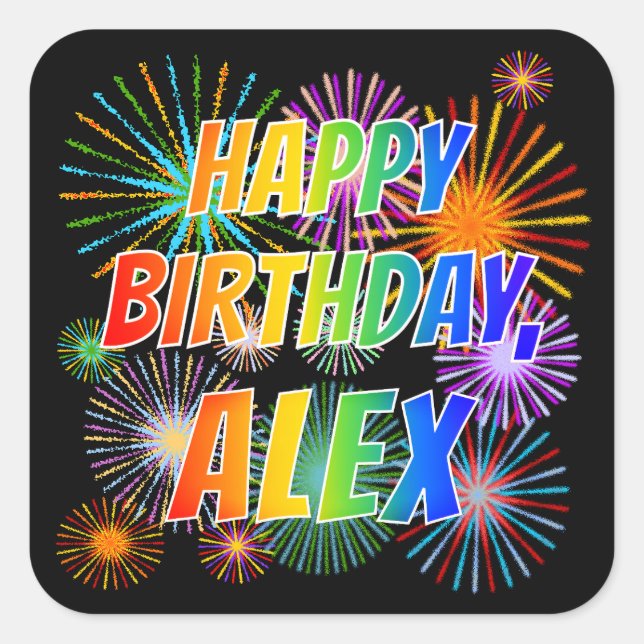 Sticker Carré Prénom "ALEX", Amusant "HEUREUX ANNIVERSAIRE" (Devant)