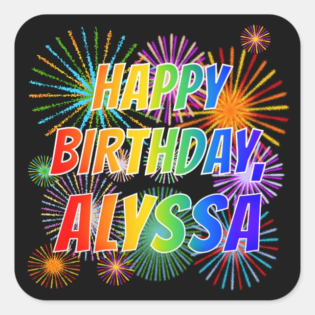 Sticker Carré Prénom "ALYSSA", Amusant "HEUREUX ANNIVERSAIRE" (Devant)