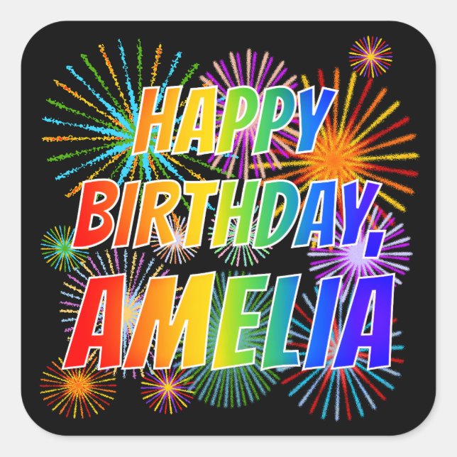Sticker Carré Prénom "AMELIA", Amusant "HEUREUX ANNIVERSAIRE" (Devant)