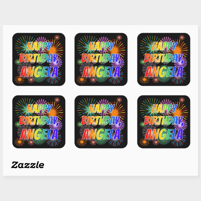 Sticker Carré Prénom "ANGELA", Amusant "HEUREUX ANNIVERSAIRE" (Feuille)