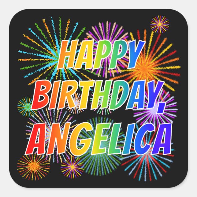 Sticker Carré Prénom "ANGELICA", Amusant "HEUREUX ANNIVERSAIRE" (Devant)