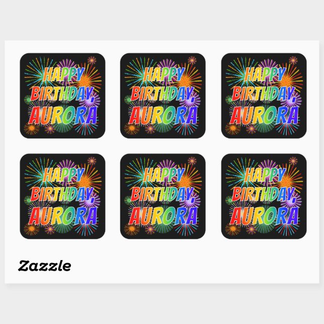 Sticker Carré Prénom "AURORA", Amusant "HEUREUX ANNIVERSAIRE" (Feuille)