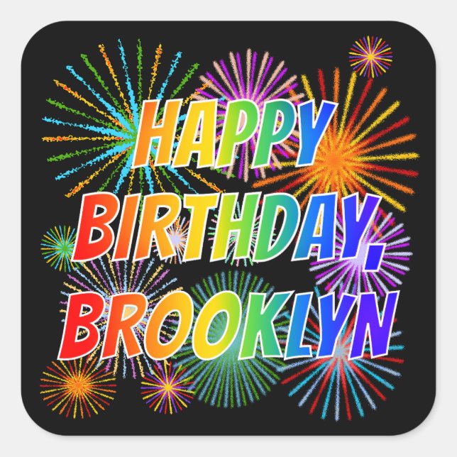 Sticker Carré Prénom "BROOKLYN", Amusant "HEUREUX ANNIVERSAIRE" (Devant)