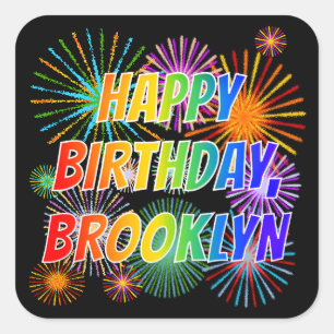 Sticker Carré Prénom "BROOKLYN", Amusant "HEUREUX ANNIVERSAIRE"