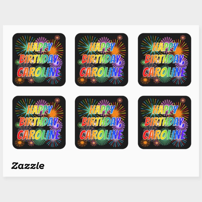 Sticker Carré Prénom "CAROLINE", Amusant "HEUREUX ANNIVERSAIRE" (Feuille)