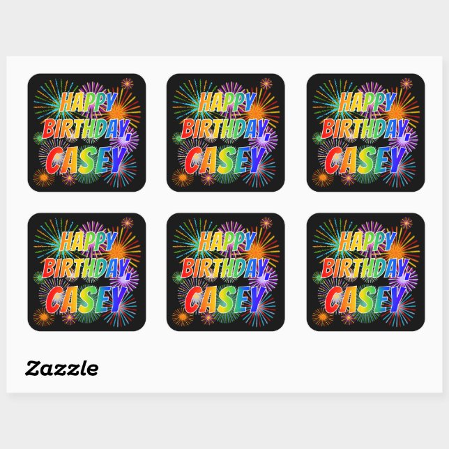 Sticker Carré Prénom "CASEY", Amusant "HEUREUX ANNIVERSAIRE" (Feuille)