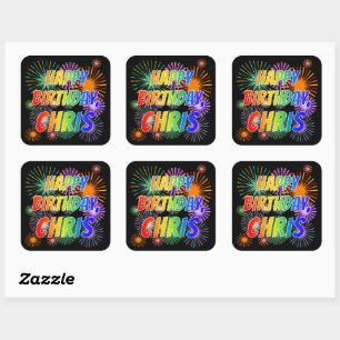 Sticker Carré Prénom "CHRIS", Amusant "HEUREUX ANNIVERSAIRE"