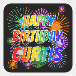 Sticker Carré Prénom "CURTIS", Amusant "HEUREUX ANNIVERSAIRE"