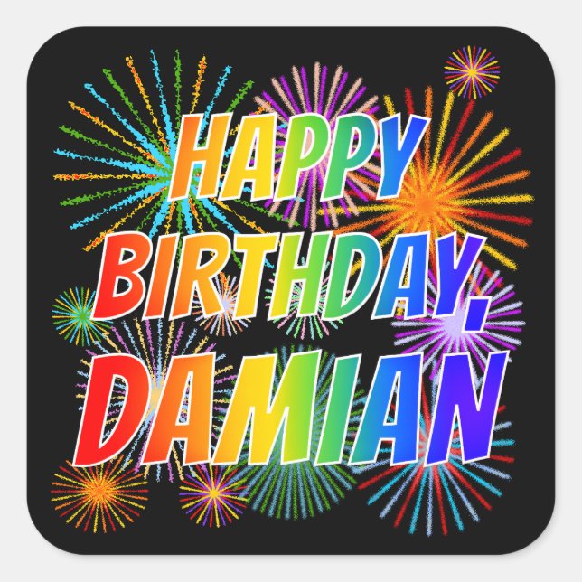 Sticker Carré Prénom "DAMIAN", Amusant "HEUREUX ANNIVERSAIRE" (Devant)