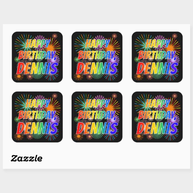 Sticker Carré Prénom "DENNIS", Amusant "HEUREUX ANNIVERSAIRE" (Feuille)