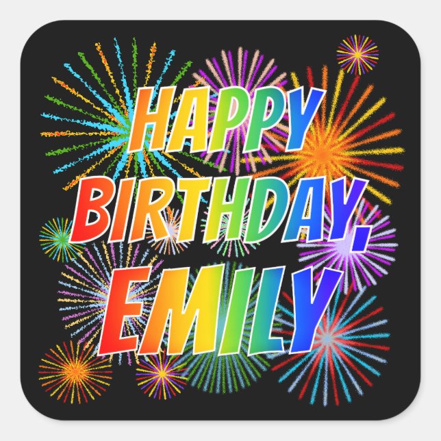 Sticker Carré Prénom "EMILY", Amusant "HEUREUX ANNIVERSAIRE" (Devant)