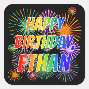 Sticker Carré Prénom "ETHAN", Amusant "HEUREUX ANNIVERSAIRE"