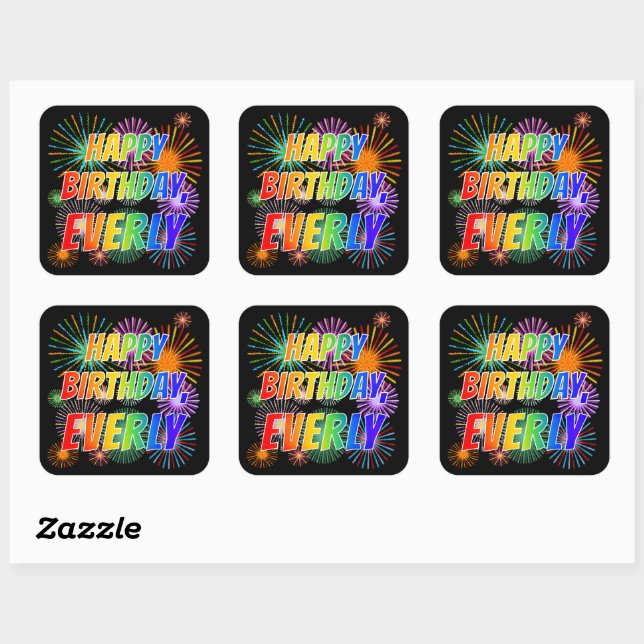 Sticker Carré Prénom "EVERLY", Amusant "HEUREUX ANNIVERSAIRE" (Feuille)
