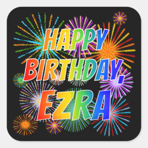 Sticker Carré Prénom "EZRA", Amusant "HEUREUX ANNIVERSAIRE"