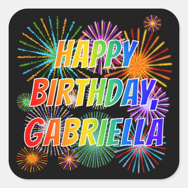 Sticker Carré Prénom "GABRIELLA", Amusant "HEUREUX ANNIVERSAIRE" (Devant)