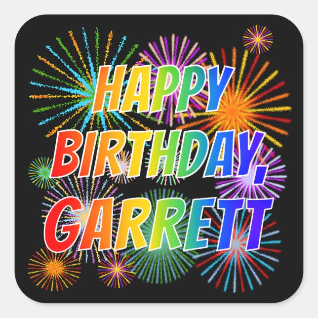Sticker Carré Prénom "GARRETT", Amusant "HEUREUX ANNIVERSAIRE" (Devant)