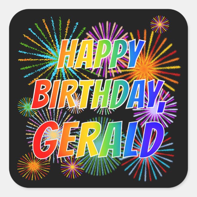 Sticker Carré Prénom "GERALD", Amusant "HEUREUX ANNIVERSAIRE" (Devant)