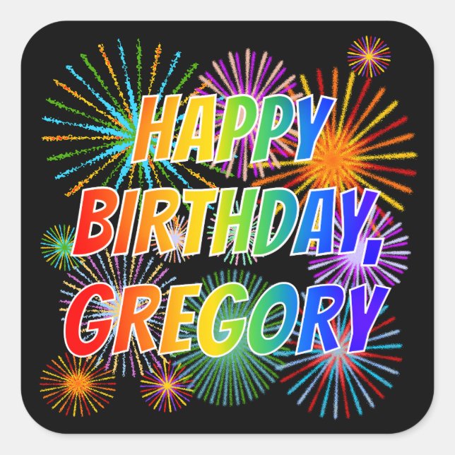 Sticker Carré Prénom "GREGORY", Amusant "HEUREUX ANNIVERSAIRE" (Devant)