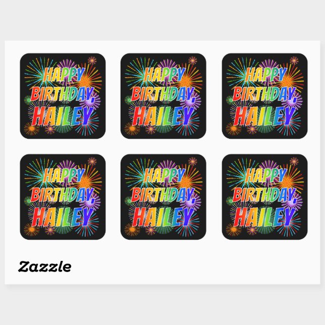 Sticker Carré Prénom "HAILEY", Amusant "HEUREUX ANNIVERSAIRE" (Feuille)
