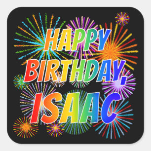 Sticker Carré Prénom "ISAAC", Amusant "HEUREUX ANNIVERSAIRE"