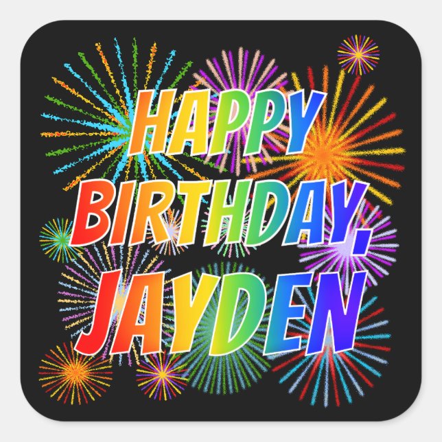 Sticker Carré Prénom "JAYDEN", Amusant "HEUREUX ANNIVERSAIRE" (Devant)