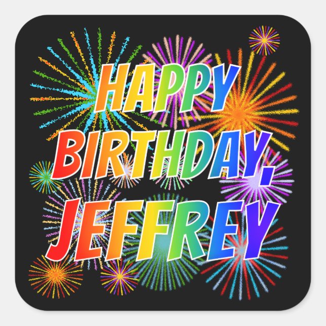 Sticker Carré Prénom "JEFFREY", amusant "HEUREUX ANNIVERSAIRE" (Devant)