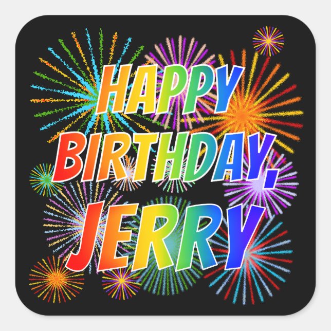 Sticker Carré Prénom "JERRY", Amusant "HEUREUX ANNIVERSAIRE" (Devant)