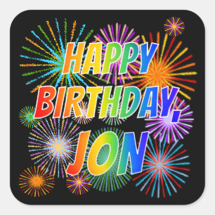 Sticker Carré Prénom "JON", Amusant "HEUREUX ANNIVERSAIRE"