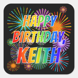 Sticker Carré Prénom "KEITH", Amusant "HEUREUX ANNIVERSAIRE"