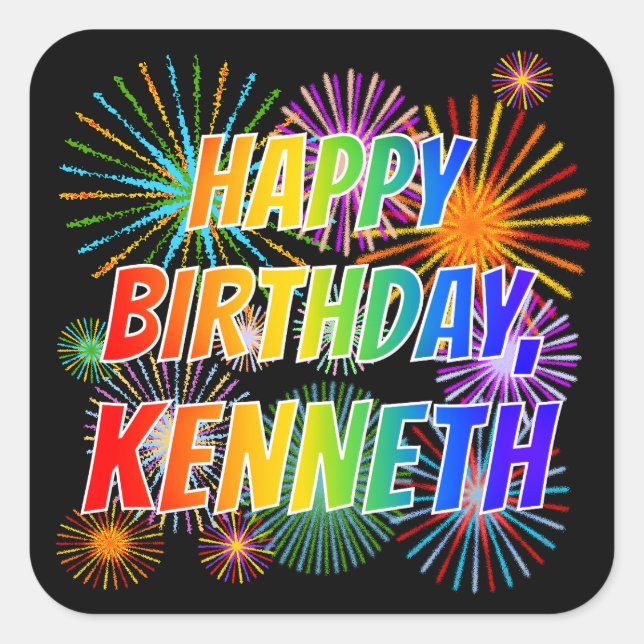 Sticker Carré Prénom "KENNETH", Amusant "HEUREUX ANNIVERSAIRE" (Devant)