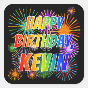 Sticker Carré Prénom "KEVIN", Amusant "HEUREUX ANNIVERSAIRE"