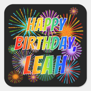 Sticker Carré Prénom "LEAH", Amusant "HEUREUX ANNIVERSAIRE"