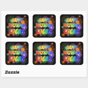 Sticker Carré Prénom "LUCAS", Amusant "HEUREUX ANNIVERSAIRE"