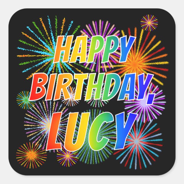 Sticker Carré Prénom "LUCY", Amusant "HEUREUX ANNIVERSAIRE" (Devant)
