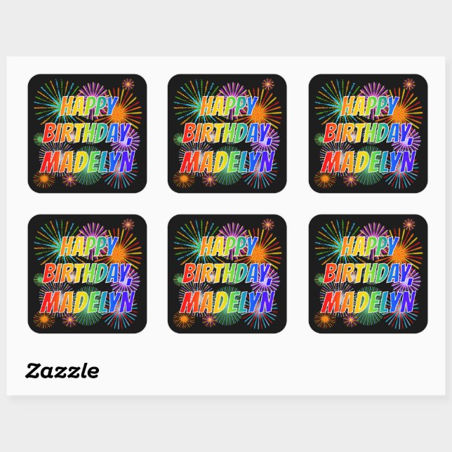 Sticker Carré Prénom "MADELYN", Amusant "HEUREUX ANNIVERSAIRE" (Feuille)