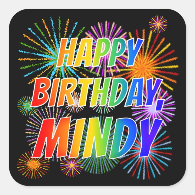 Sticker Carré Prénom "MINDY", Amusant "HEUREUX ANNIVERSAIRE" (Devant)