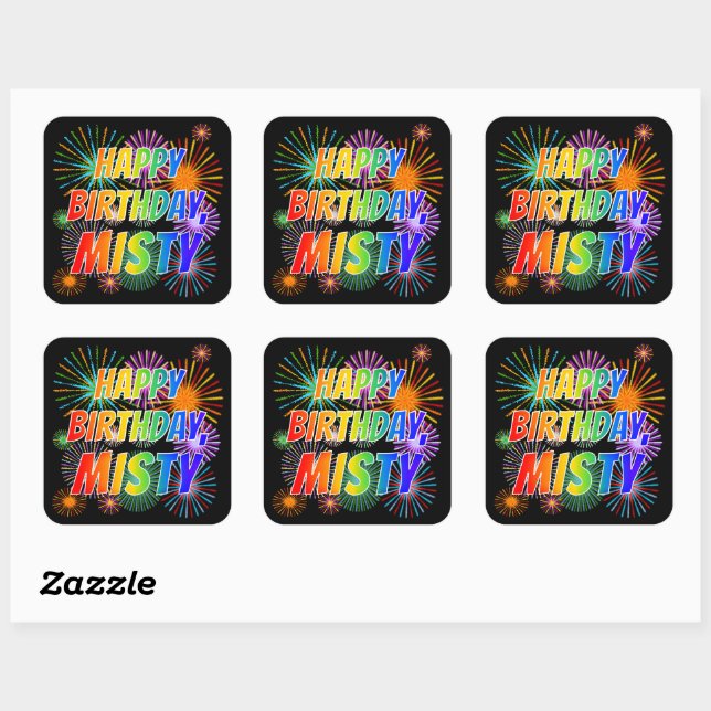 Sticker Carré Prénom "MISTY", Amusant "HEUREUX ANNIVERSAIRE" (Feuille)