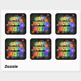 Sticker Carré Prénom "MISTY", Fun "HEUREUX ANNIVERSAIRE"