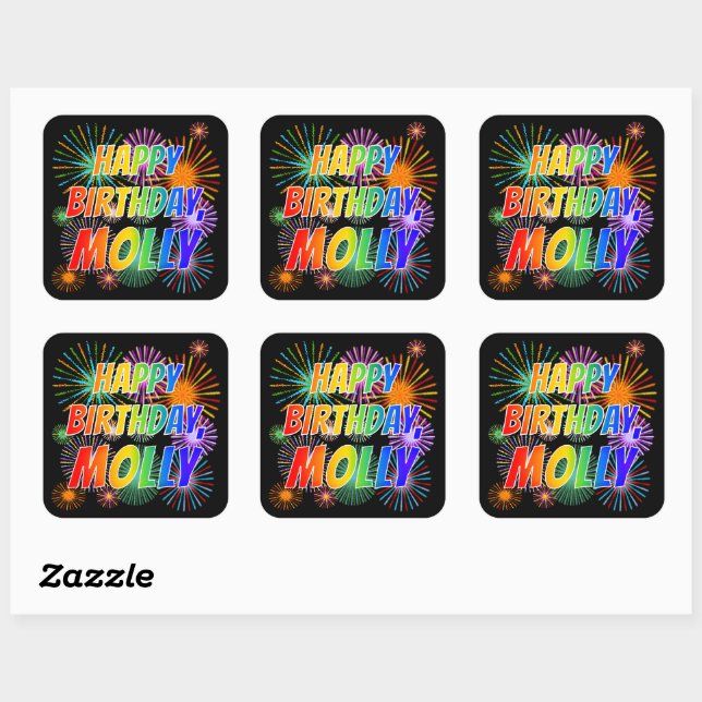 Sticker Carré Prénom "MOLLY", Amusant "HEUREUX ANNIVERSAIRE" (Feuille)