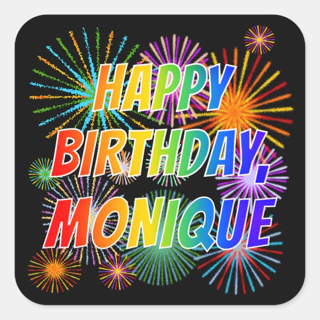 Sticker Carré Prénom "MONIQUE", Amusant "HEUREUX ANNIVERSAIRE" (Devant)