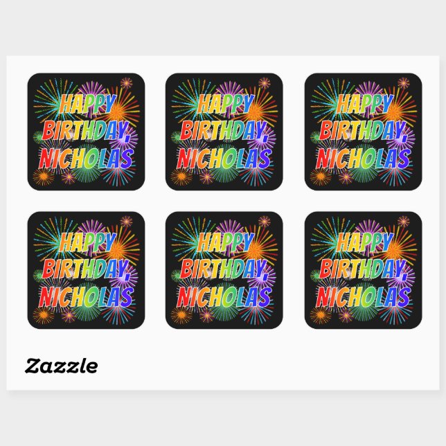 Sticker Carré Prénom "NICHOLAS", Amusant "HEUREUX ANNIVERSAIRE" (Feuille)