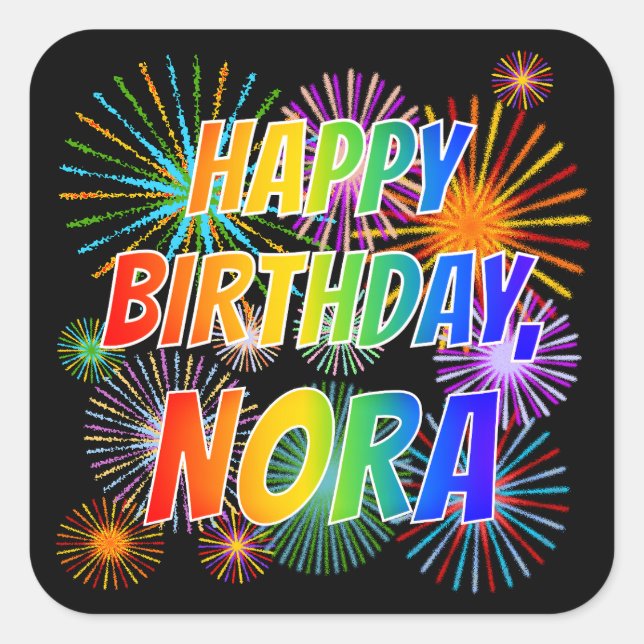 Sticker Carré Prénom "NORA", Amusant "HEUREUX ANNIVERSAIRE" (Devant)