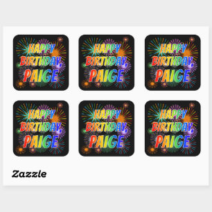 Sticker Carré Prénom "PAIGE", Amusant "HEUREUX ANNIVERSAIRE"