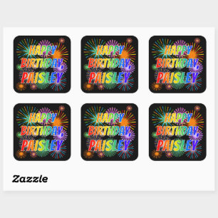 Sticker Carré Prénom "PAISLEY", Amusant "HEUREUX ANNIVERSAIRE"
