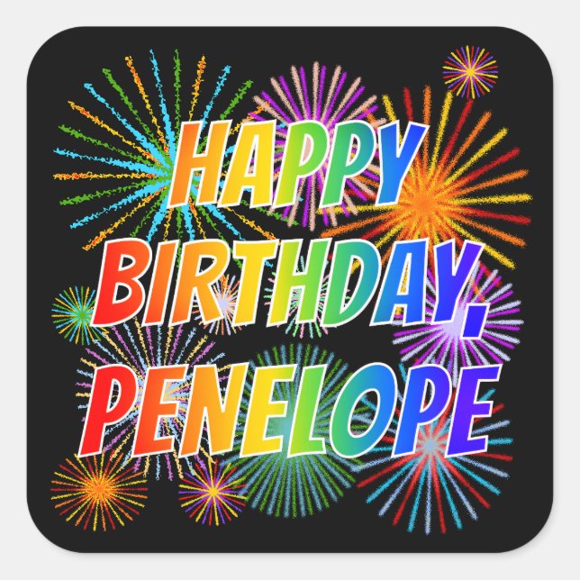 Sticker Carré Prénom "PENELOPE", Amusant "HEUREUX ANNIVERSAIRE" (Devant)