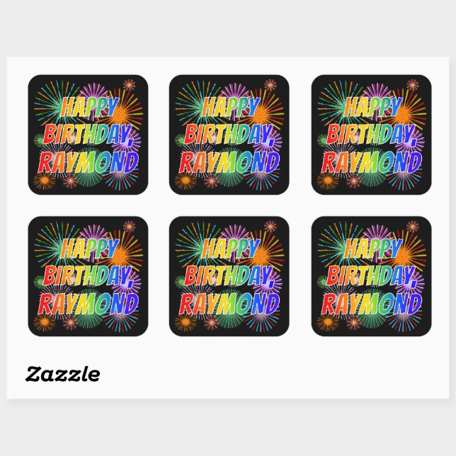 Sticker Carré Prénom "RAYMOND", Amusant "HEUREUX ANNIVERSAIRE" (Feuille)