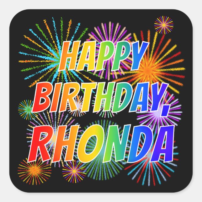 Sticker Carré Prénom "RHONDA", Amusant "HEUREUX ANNIVERSAIRE" (Devant)
